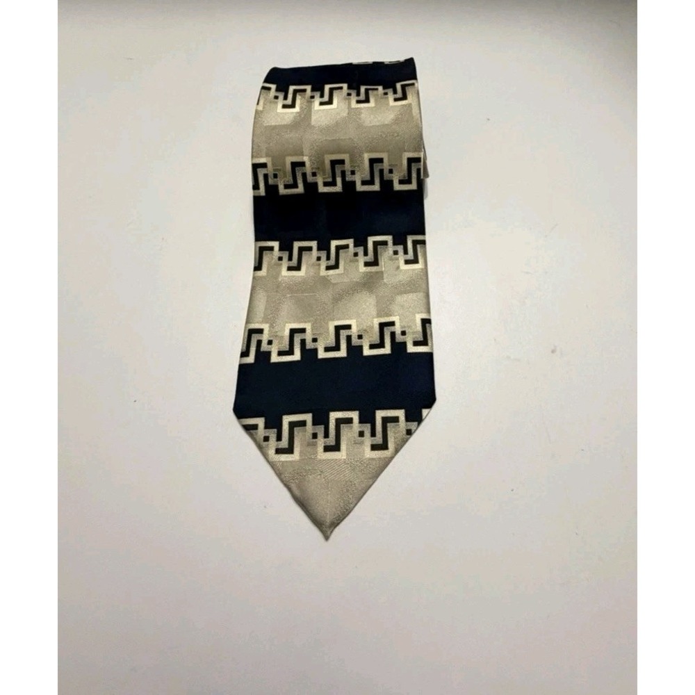 Gasparo Mens Silk Tie Navy Blue Silver Geometric Greek Key Handmade Necktie